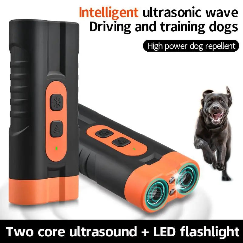 New Upgraded Two Headed Sonic Dog Repeller Ultrasonic Bark Stopper Flashlight 2 in 1 Device Rechargeable Portable Pet Barking Control Tool Must Have Pet Essentials for Dog Walkers Pet Lovers